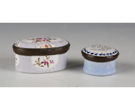 An 18th century South Staffordshire enamel patch box of oval form, foliate decorated against a lilac ground, width 5cm, and a