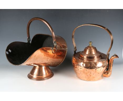 A large Victorian copper kettle with folding handle, height 39cm, a copper helmet shaped coal scuttle, a 19th century brass e