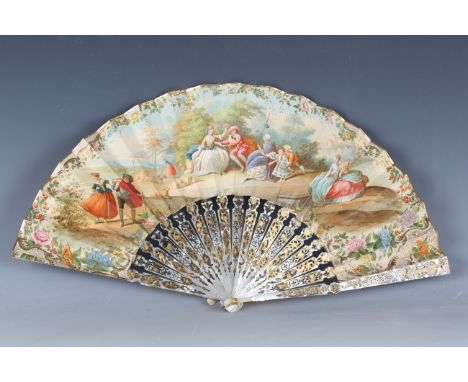 A late 18th/early 19th century painted paper folding fan with pierced mother-of-pearl guards, the panel painted with figures 