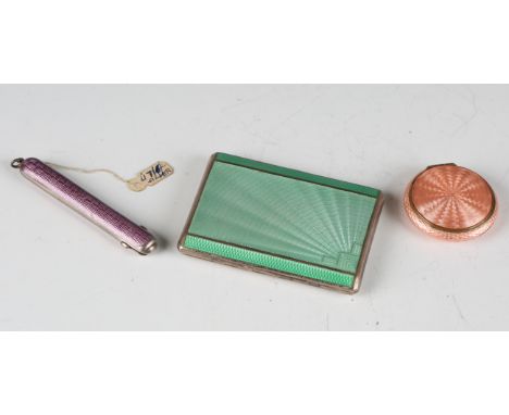 An Art Deco silver and green enamel cigarette case, Birmingham 1936, 8.5cm x 6.2cm, a gilt metal and enamel circular compact,