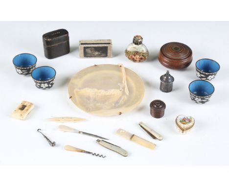 A group of collectors' items, including a Regency wooden snuff box, painted with a child resting on a day bed against a white