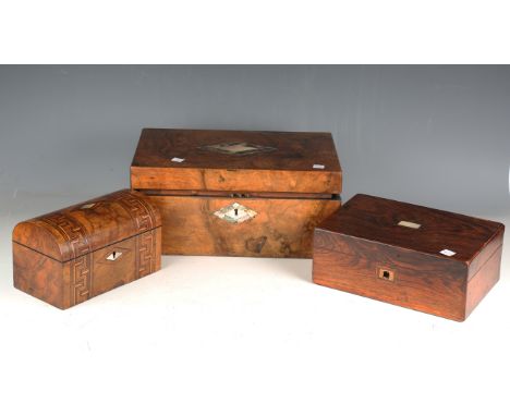 A Victorian walnut dome-top tea caddy with inlaid Tunbridge ware style bands, width 21cm, a Victorian walnut writing slope, w