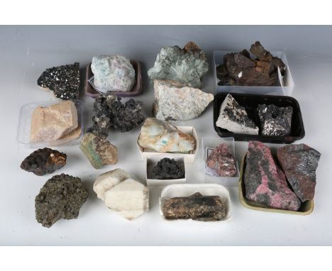 A collection of mineral specimens, including crocoite, length 10cm, pectolite, various quartz and some metallic specimens.Buy