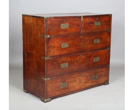 An early 19th century teak and brass bound campaign military chest, the five drawers with recessed brass handles, height 92cm