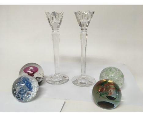 A pair of modern Waterford Crystal candle sticks marks to the base Hight 26cm and four Caithness and and Selkirkglass Scottis