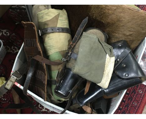 A Collection of WW2 Third Reich and other items including a M31 Labe Canteen 1938, MP40 magazine, magazine pouches, Zeltbahn 
