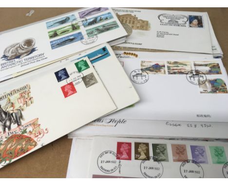 A collection of stamps including four Albums of GB and world stamps and a box containing first day covers .