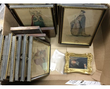 A collection of Court Magazine portrait engravings, a miniature and pokerwork art dated 1914-18q postage category D