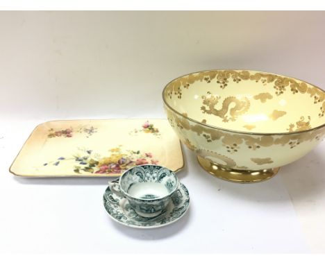 Ceramics including a Bishop dragon bowl, Goat John & Robert Godwin Cup and saucer and a floral Royal Worcester tray. Postage 