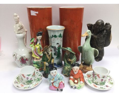 A box of Oriental ceramics including vases, figures, cups and saucers etc. Shipping category D.