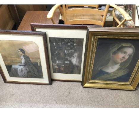 A collection of Late Victorian paintings including a pastel portrait of a maiden (frame size 65x53cm approx), a drawing of ru