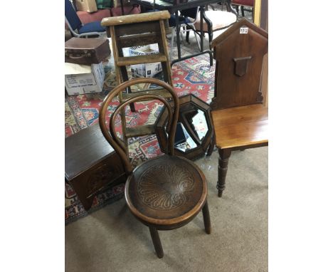 A collection of furniture comprising a set of pine step ladders a Victorian hall chair small oak storage box and other chairs