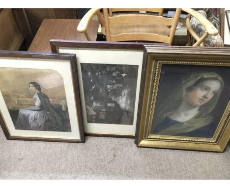 A collection of Late Victorian paintings including a pastel portrait of a maiden (frame size 65x53cm approx), a drawing of ru