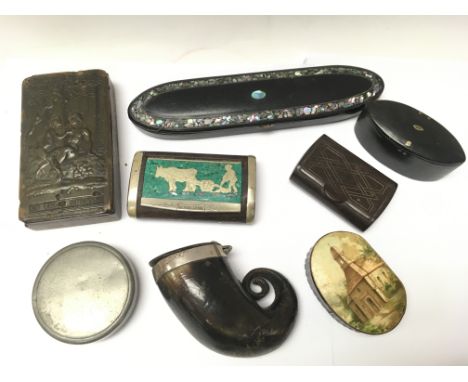 A collection of Victorian snuff boxes including a French illustration of Adam and Eve titled le fruit defendu box, ebonsied b