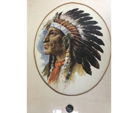 A small oak wall barometer a modern work box and a framed print of an Indian Chief. (3)