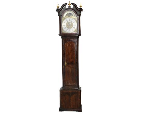 George II walnut eight day longcase clock by Joseph Smith, Chester, circa 1730, the hood with a broken moulded arch with thre