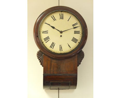 Victorian mahogany drop trunk wall clock, circa 1840, painted 12'' dial with Roman numerals, single fusee movement, drop trun