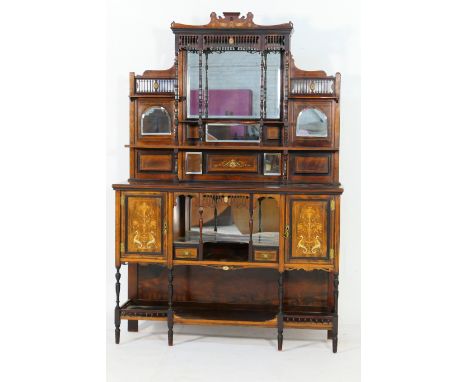 Victorian Sheraton Revival rosewood and inlaid salon cabinet, circa 1880, the back with multiple mirrors, shelves and turned 