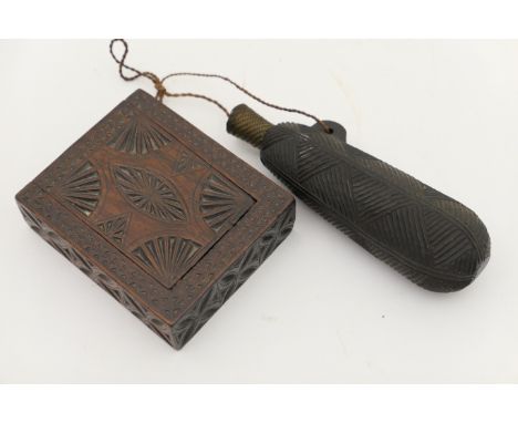 Ashanti carved wooden flask, 18cm; also a wooden chip carved box, rectangular form with sliding cover, possibly Welsh, 12.5cm