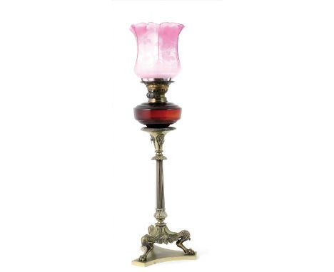 Victorian cranberry and ruby glass pedestal oil lamp (converted from a table centre), the cranberry tinted frilled shade acid