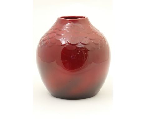 Royal Doulton flambe jar, heavily potted ovoid form, relief moulded with scales at the shoulders, printed marks, 25cm