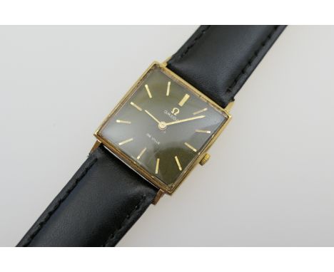Omega De Ville 9ct gold gent's wristwatch, circa 1968, square matte brown dial, 23mm, with baton numerals, signed, 620 calibr