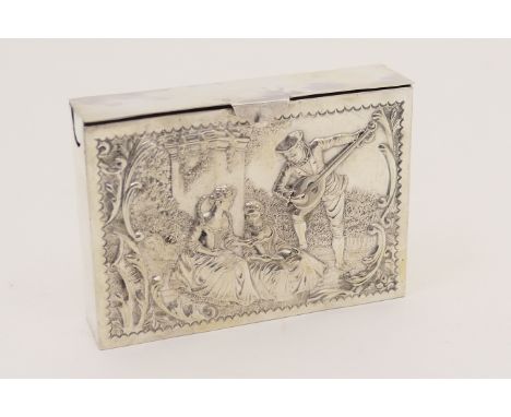 Late Victorian silver playing card case, Birmingham 1899, rectangular form repousse decorated with a serenading musician oppo