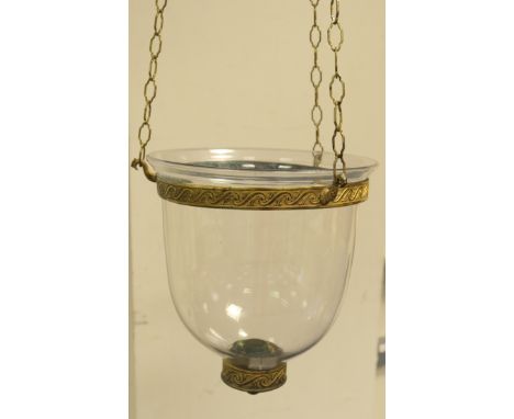 French clear glass hall light shade, late 19th Century, the blown U-shaped shade with a folded rim, mounted with a brass coll