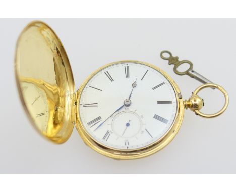 Victorian 18ct gold hunter pocket watch, Chester 1857, engine turned case with vacant shield cartouche, white enamelled dial 