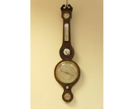 Early Victorian mahogany wheel barometer, circa 1840, silvered humidity dial, thermometer and small convex mirror, 20cm silve