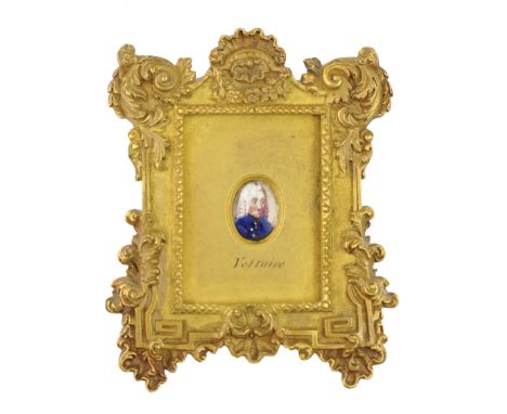 French miniature enamel depicting Voltaire, 18th Century, probably originally from a ring, 18mm, now mounted within a 19th Ce