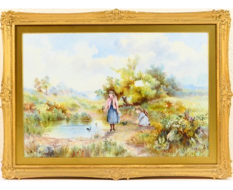 S M Scott (late 19th Century), Children at a pond, oil on opaque glass panel, signed, 31cm x 46cm