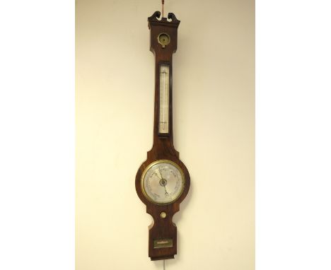 Early Victorian rosewood wheel barometer by Bevan & Weare, Birkenhead, circa 1840-60, having a swan neck pediment over a humi