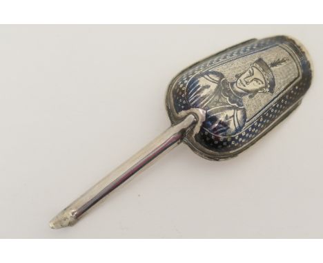 Russian silver niello caddy spoon, maker possibly I P Prokofiev, Moscow 1865, gilded bowl decorated on the reverse with a por
