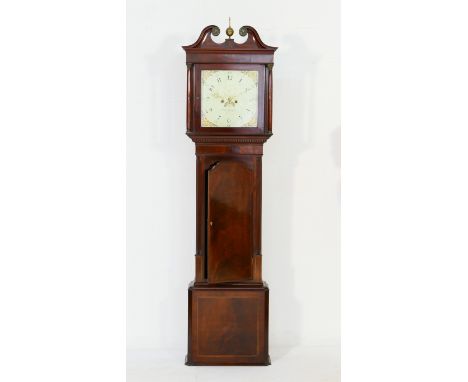 Mahogany eight day longcase clock by Stephen Simpson, Preston, circa 1810-30, swan neck pediment centred with a brass ball fi