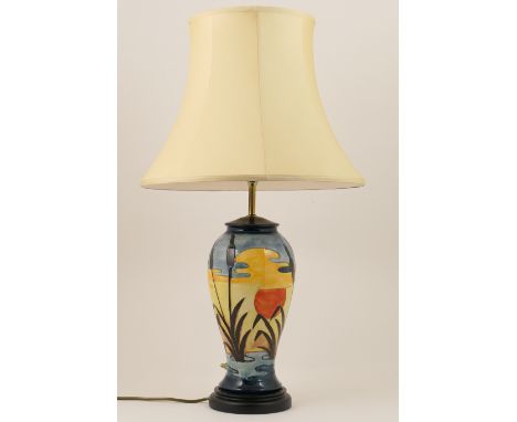 Moorcroft Reeds at Sunset table lamp, inverted baluster form with original wooden base and shade, total height 71cm