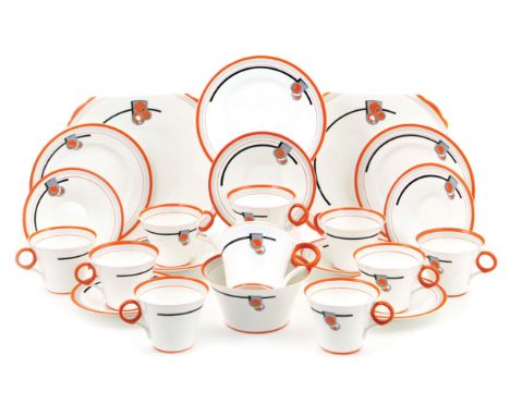 Shelley china Regent tea service, decorated with pattern number 12197, being an Art Deco black and orange design against a wh