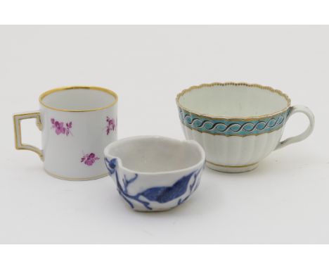 Japanese blue and white leaf form tea bowl, relief moulded with leaves, late 19th Century, 6cm; also a Meissen coffee can, de