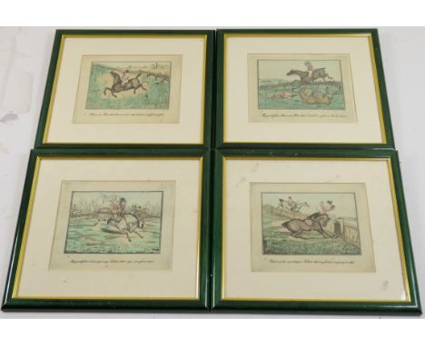 Set of four Victorian hunting drypoint etchings, each hand coloured and initialled 'H D', numbered 1 - 4, 17cm x 21cm