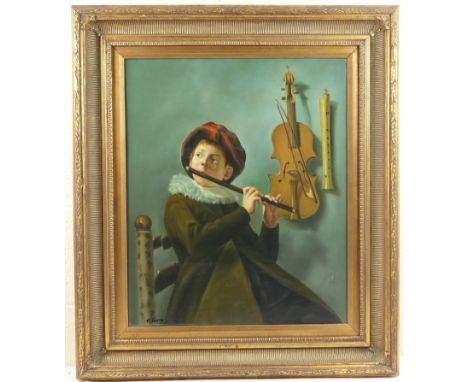 M Feeney (Contemporary), Boy playing the flute, after an original painting of 1630 by Dutch painter Judith Jans Leyster, acry