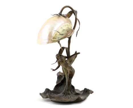 French Art Nouveau bronzed spelter figural table lamp, circa 1900, formed as embracing water nymphs emerging beneath a shell 