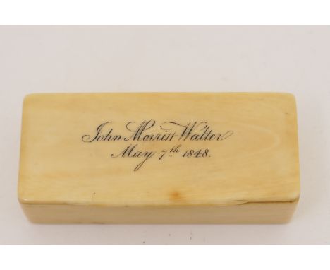 Early Victorian ivory snuff box, plain rectangular form inscribed 'John Moriett Walter', dated 1848, 9cm x 4cm