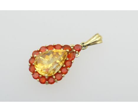 9ct gold coloured gemstone pendant, the central pear cut yellow stone, possibly citrine, approx. 14mm x 9mm, bordered with sm