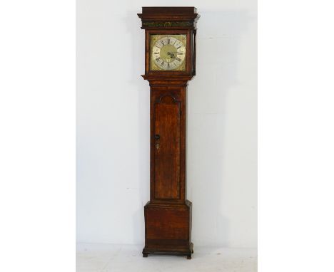 Oak and walnut thirty hour longcase clock by Jonathan Lees of Bury, caddy style top with gilt painted details over a 12'' bra