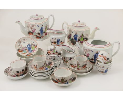 Group of Newhall porcelain tea wares, pattern number 421, comprising two fluted covered teapots, an oval teapot, twelve tea b