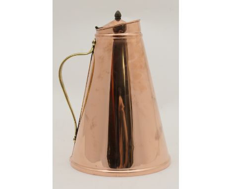 W.A.S. Benson patent copper jacketed jug, plain conical form with hinged cover and ceramic liner, brass handle stamped 'Benso