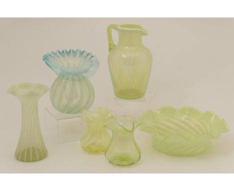 Small selection of vaseline glass, circa 1900-10, comprising Powell style shallow straw bowl in blue and light green opalesce