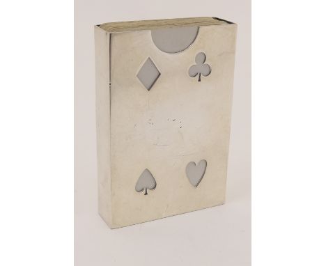Modern silver playing card case, Birmingham 1996, plain rectangular form pierced with the four card suits, 9cm x 6cm