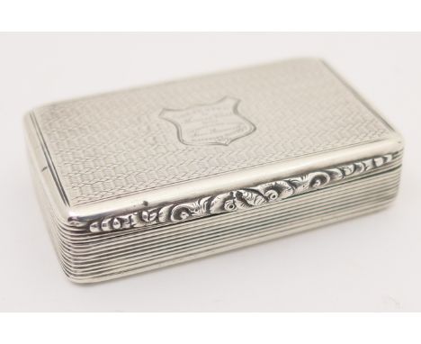 Victorian silver snuff box by Francis Clark, Birmingham 1840, rectangular form with engine turned decoration and later engrav