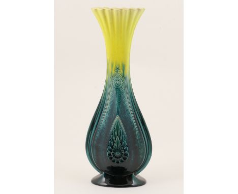 Rare Linthorpe vase in the manner of Dr. Christopher Dresser, circa 1882-89, shape number 1804, of slender baluster form deco